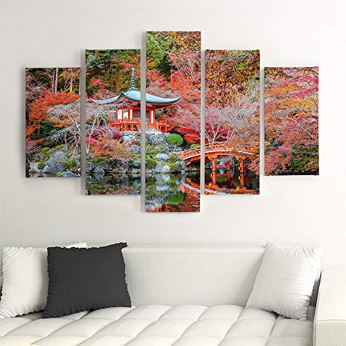 Feeby Frames, Cuadro en lienzo - 5 partes - Cuadro impresión, Cuadro decoración, Canvas (JARDÍN JAPONÉS, ROJO) 200x100 cm, Tipo A