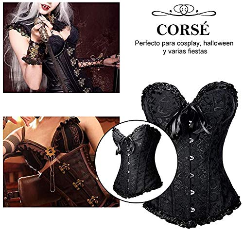 FeelinGirl Corset Top Vintage Brocado Encaje con Broche y Cinta Ajustable Bustier Sexy para MujerTalla Negro L/Talla 38