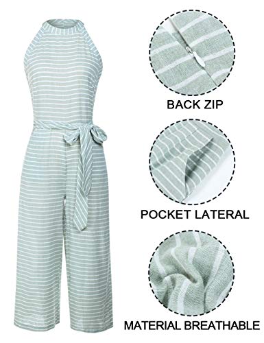 FeelinGirl Mono Largo Mujer Verano Raya Vendaje en Cintura Alta con Bosillo Casual Oficina Verde XXL