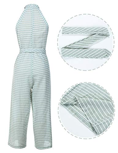 FeelinGirl Mono Largo Mujer Verano Raya Vendaje en Cintura Alta con Bosillo Casual Oficina Verde XXL