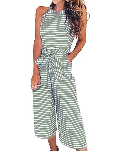 FeelinGirl Mono Largo Mujer Verano Raya Vendaje en Cintura Alta con Bosillo Casual Oficina Verde XXL