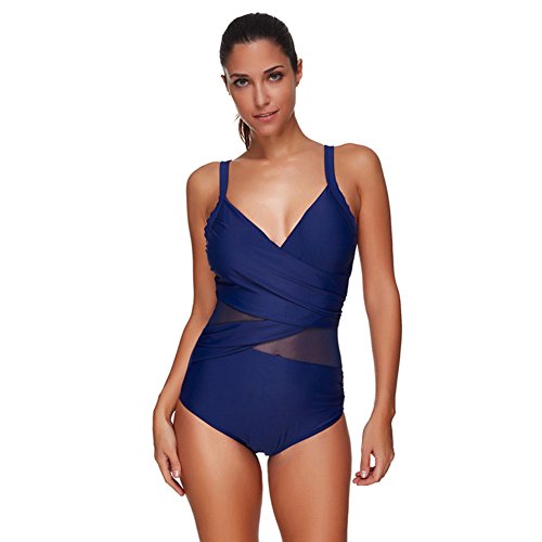 FeelinGirl Mujer Monokini con Uno/Dos Tirantes Traje de Baño de Una Pieza Talla Grande Dos Tirantes-Azul Oscuro XL/Talla 46