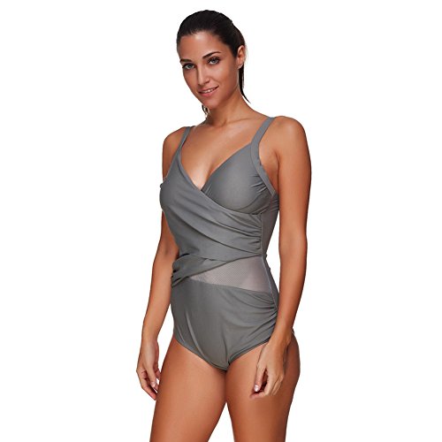 FeelinGirl Mujer Monokini con Uno/Dos Tirantes Traje de Baño de Una Pieza Talla Grande Dos Tirantes-Gris M/Talla 42