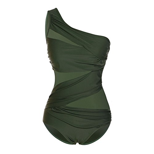 FeelinGirl Mujer Monokini con Uno/Dos Tirantes Traje de Baño de Una Pieza Talla Grande Un Tirante-Verdinegro XL/Talla 46