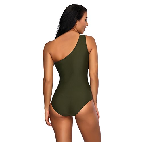 FeelinGirl Mujer Monokini con Uno/Dos Tirantes Traje de Baño de Una Pieza Talla Grande Un Tirante-Verdinegro XL/Talla 46