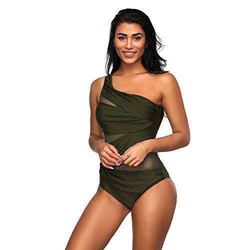 FeelinGirl Mujer Monokini con Uno/Dos Tirantes Traje de Baño de Una Pieza Talla Grande Un Tirante-Verdinegro XL/Talla 46