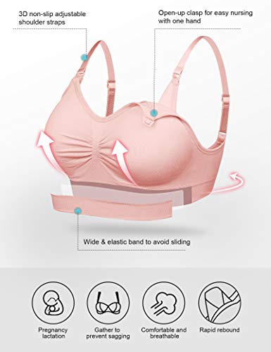 FeelinGirl Sujetador Lactancia para Premamá con Relleno Sujetador de Maternidad Embarazada sin Aros para Amamantamiento Sostén de Materna Negro+Rosa/2 Piezas XL