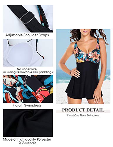 FeelinGirl Traje de Baño de 1 Pieza - Mujeres Tankini Vestido Estampado Floral Talla Grande Bañador Tirantes Ajustables Negro XXL:Talla-46