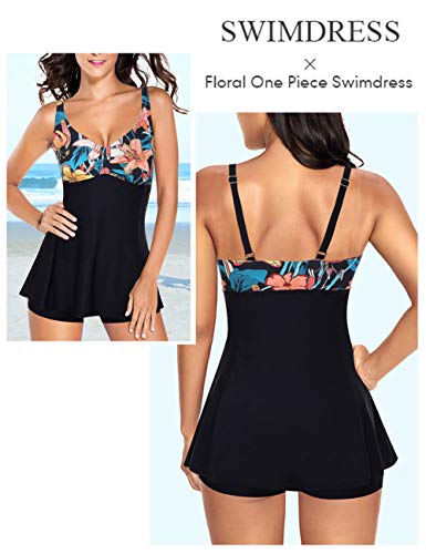 FeelinGirl Traje de Baño de 1 Pieza - Mujeres Tankini Vestido Estampado Floral Talla Grande Bañador Tirantes Ajustables Negro XXL:Talla-46