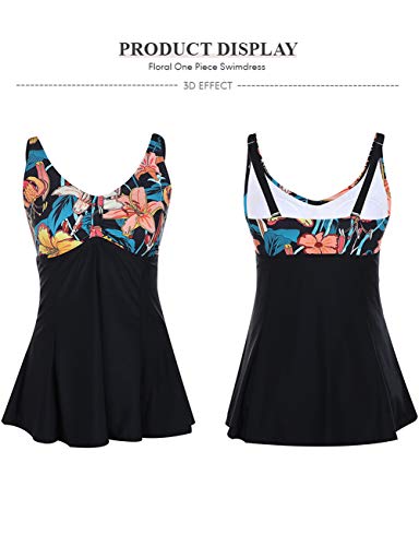 FeelinGirl Traje de Baño de 1 Pieza - Mujeres Tankini Vestido Estampado Floral Talla Grande Bañador Tirantes Ajustables Negro XXL:Talla-46