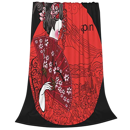 Felpa Manta de Tiro para Todas Las Estaciones Suave Ligero Calentar,Kimono Geisha Mujer Japonesa Japón Asiático Hermoso Dibujo Cartelera,Cómodo Manta de Cama Edredón de Viaje para Sofá Cama,50" X 60"