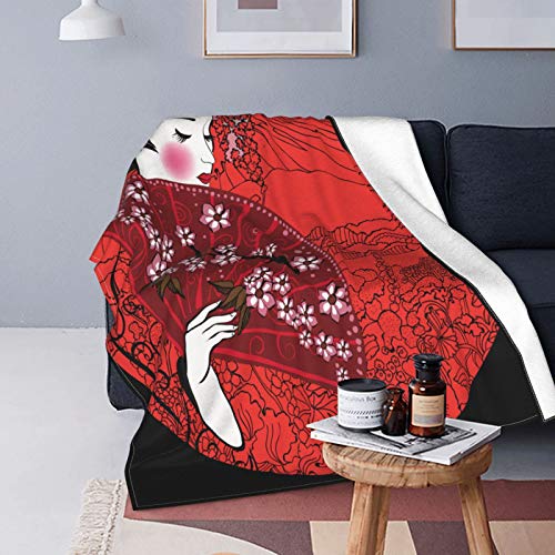 Felpa Manta de Tiro para Todas Las Estaciones Suave Ligero Calentar,Kimono Geisha Mujer Japonesa Japón Asiático Hermoso Dibujo Cartelera,Cómodo Manta de Cama Edredón de Viaje para Sofá Cama,50" X 60"