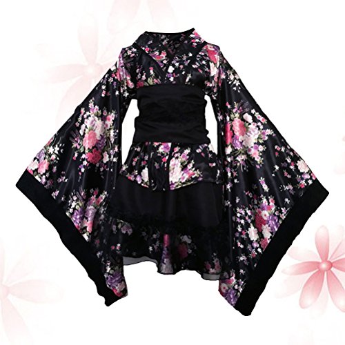 Fenical Vestido kimono japonés con flores de cerezo para mujer, talla M, color negro