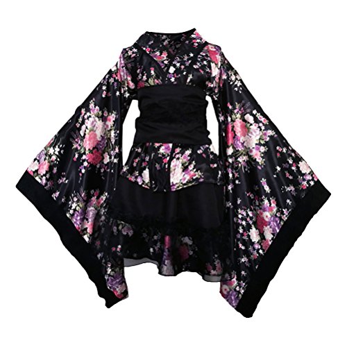 Fenical Vestido kimono japonés con flores de cerezo para mujer, talla M, color negro