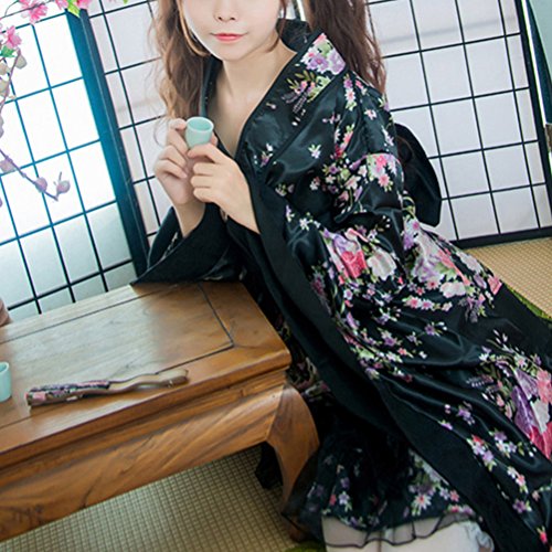 Fenical Vestido kimono japonés con flores de cerezo para mujer, talla M, color negro
