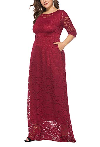 FEOYA - Mujer Vestido de Noche de Encaje Cuello Redondo para Ceremonia Boda Fiesta Banquete Falda Larga de Talla Grande con Manga 3/4 Rojo Oscuro - Talla 3XL/ES 54