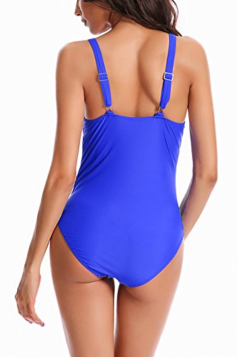 FEOYA - Swimwear para Mujer Traje de Natación de Una Pieza 2018 con Tirantes Ajustables Sexy Bañador Entero de Talla Grande - Azul - ES 46