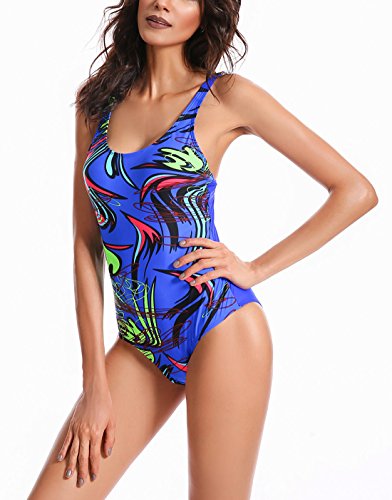 FEOYA - Swimwear para Mujer Traje de Natación de Una Pieza 2018 con Tirantes Ajustables Sexy Bañador Entero de Talla Grande - Azul - ES 46
