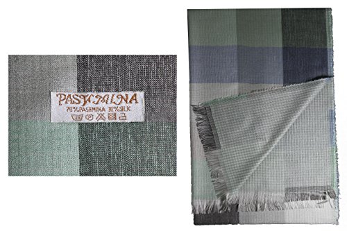 FERETI Bufanda de Seda y Pashmina Verde para Hombre Doble Capa pañuelo Muy Suave Bufanda para Hombres 3 en 1 un Lado de Cuadros Grandes el Otro Lado con Cuadros pequeños