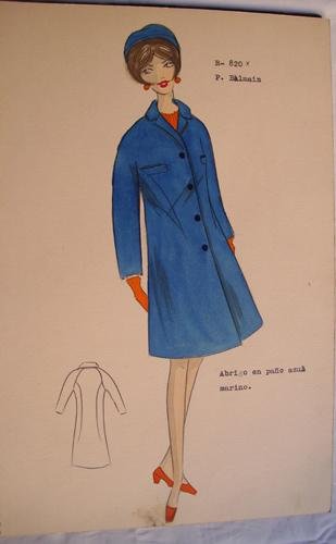 FIGURIN ORIGINAL ACUARELADO - Original watercolor design costume - Diseño P. Balmain : Abrigo en paño azul marino