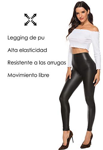FITTOO Mujeres PU Leggins Cuero Brillante Pantalón Elásticos Pantalones para MujerG300-2 Negro Mate XS