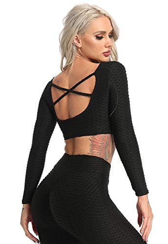 FITTOO Tops de Yoga Camiseta Deportivo para Correr Gimnasio para Mujer #4 Top Negro M