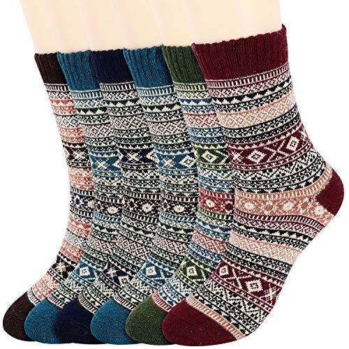 Fixget 6 Pares de Calcetines de Invierno para Hombres y Mujeres, Lana Calcetines de Punto de Estilo Vintage, Grueso Cálidos Calcetines Cómodos EU 35-42 (A)