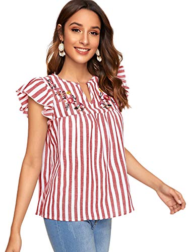 Floerns Camisas campesinas mexicanas bordadas bohemias para mujer - rojo - X-Small