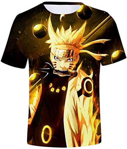 FLYCHEN Niños Camiseta con Motivo Naruto 3D Impreso Gráfica Fantástica Boy's T-Shirt Cuello Redondo Animados - Amarillo - XS