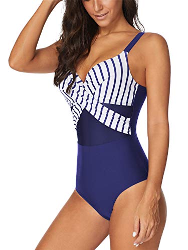 FLYILY Rayas Traje de Baño de Una Pieza Talla Grande,Malla de,Control de Abdomen Modo Playa