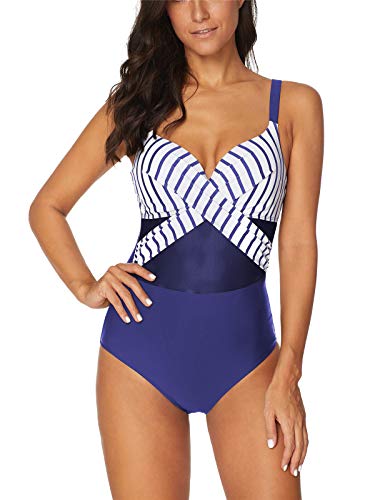 FLYILY Rayas Traje de Baño de Una Pieza Talla Grande,Malla de,Control de Abdomen Modo Playa