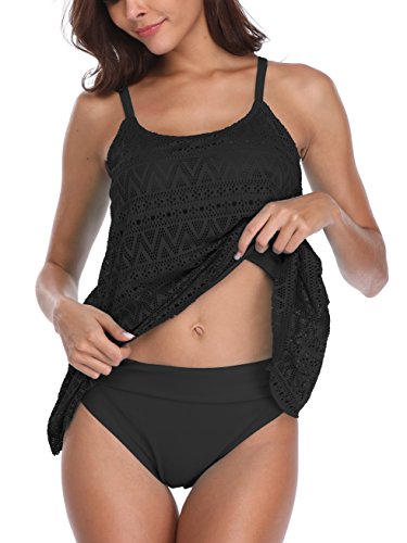 FLYILY Tankini baño de Malla para Mujer Conjunto de Dos Piezas Bikini de Cintura Alta Tallas Grandes(Black,3XL)