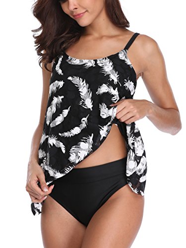 FLYILY Tankini baño de Malla para Mujer Conjunto de Dos Piezas Bikini de Cintura Alta Tallas Grandes(Feather,XL)