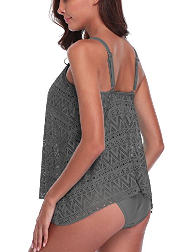 FLYILY Tankini baño de Malla para Mujer Conjunto de Dos Piezas Bikini de Cintura Alta Tallas Grandes(Grey,XL)