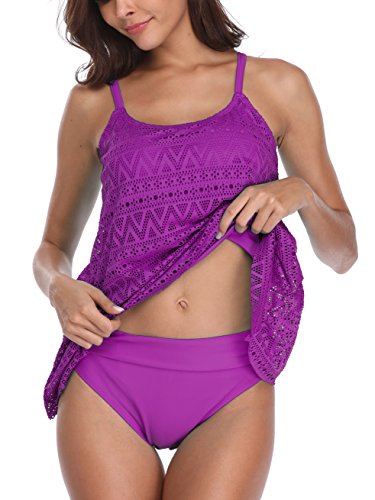 FLYILY Tankini baño de Malla para Mujer Conjunto de Dos Piezas Bikini de Cintura Alta Tallas Grandes(Purple,M)