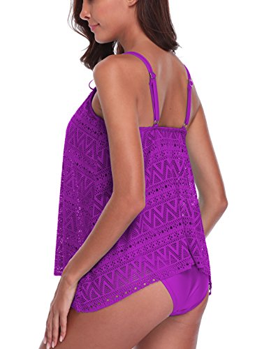 FLYILY Tankini baño de Malla para Mujer Conjunto de Dos Piezas Bikini de Cintura Alta Tallas Grandes(Purple,M)