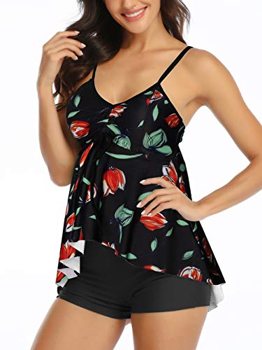 FLYILY Traje de Baño de Dos Piezas con Estampado de Hojas y Cuello en V Sexy para Mujer Control de Cintura Alta Tankini Set