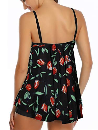 FLYILY Traje de Baño de Dos Piezas con Estampado de Hojas y Cuello en V Sexy para Mujer Control de Cintura Alta Tankini Set