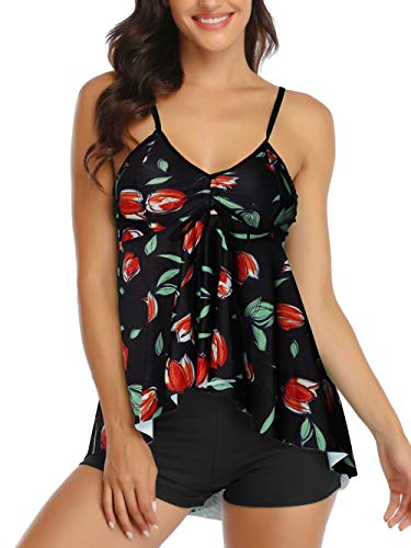 FLYILY Traje de Baño de Dos Piezas con Estampado de Hojas y Cuello en V Sexy para Mujer Control de Cintura Alta Tankini Set