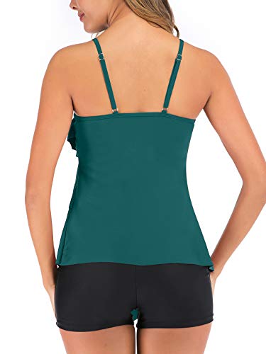 FLYILY Trajes de baño Tankini de 2 Piezas para Mujer Top con Estampado de Volantes y bañadores(Darkgreen,L)