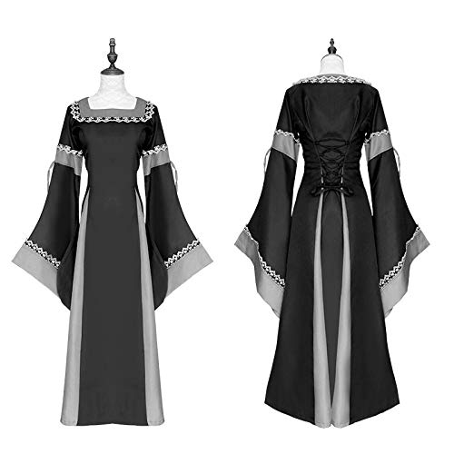Fnho Disfraces Medievales Princesa Reina,Disfraz Medieval de Mujer Vestido,Vestido francés de Manga Larga, Traje Medieval-Black_XL