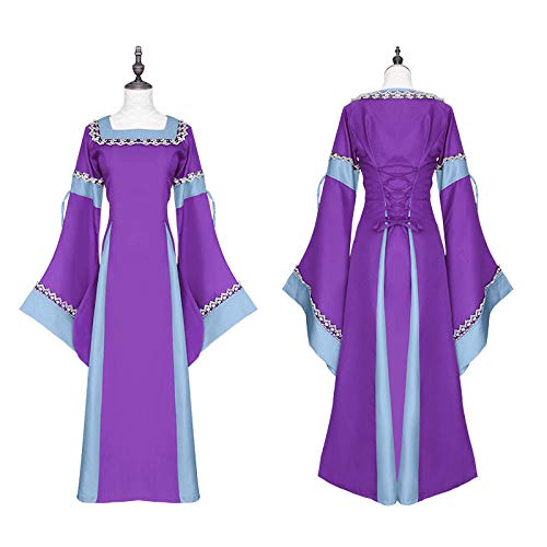 Fnho Vestido de época Medieval,Renacentista de Las Mujeres Vestidos,Vestido francés de Manga Larga, Traje Medieval-Purple_2XL