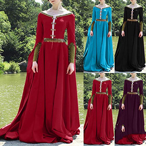 Fnho Vestido de época Medieval,Renacentista de Las Mujeres Vestidos,Vestido Vintage Medieval, Vestido de Temperamento de Cintura Alta-Negro_M