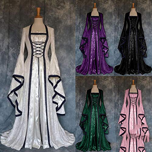 Fnho Vestido Vintage Mujer Medievales,Renacentista Disfraz Medieval para Mujer Vestido,Vestido de Terciopelo denso, Vestido Retro de Corte-Blanco_4XL
