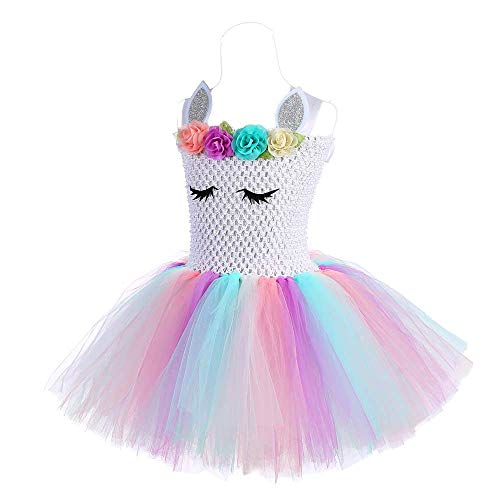 FONLAM Vestido de Bautizo Fiesta Niña Disfraz de Unicornio Princesa Tutú Vestido Infantil Flores Carnaval Niña (XL 7-8 Años, Blanco y Rosa)