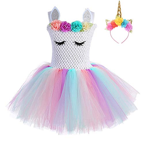 FONLAM Vestido de Bautizo Fiesta Niña Disfraz de Unicornio Princesa Tutú Vestido Infantil Flores Carnaval Niña (XL 7-8 Años, Blanco y Rosa)