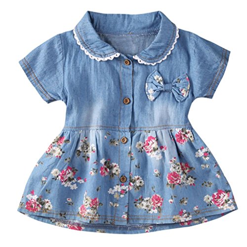 Fossen Bebe Niñas Vestido de Mezclilla Vestidos Mangas Cortas con Estampado Floral (6-12 Meses, Azul)