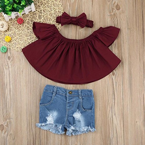 Fossen Niña Ropa Verano 1-5 años Niña Camiseta Sin Tirantes Y Vaqueros Rotos con Banda de Pelo (18 Meses, Serie Corta ~ Vino Rojo)