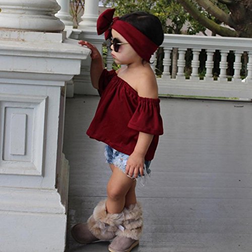 Fossen Niña Ropa Verano 1-5 años Niña Camiseta Sin Tirantes Y Vaqueros Rotos con Banda de Pelo (18 Meses, Serie Corta ~ Vino Rojo)