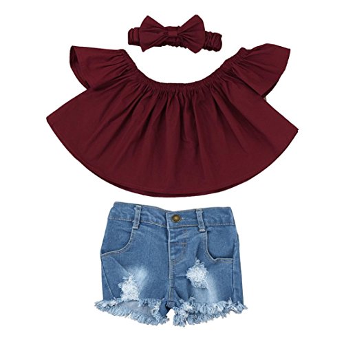 Fossen Niña Ropa Verano 1-5 años Niña Camiseta Sin Tirantes Y Vaqueros Rotos con Banda de Pelo (18 Meses, Serie Corta ~ Vino Rojo)